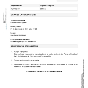 Convocatoria a Pleno sesión extraordinaria urgente, martes 31 de diciembre a las 10:00h
